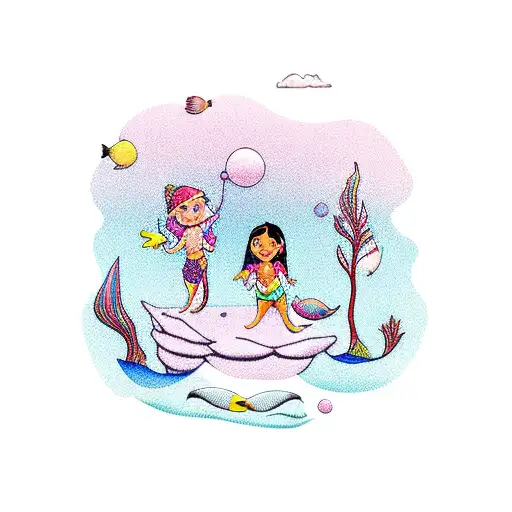 Whimsical Scene Of Kids Playing With A Mermaid At The Beach