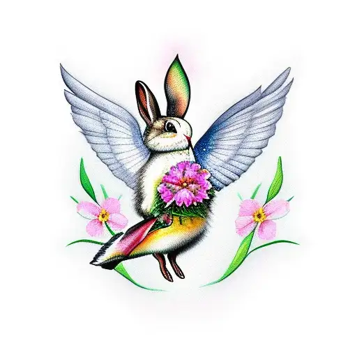 A Bunny With Wings Holding A Flower For A Hummingbird