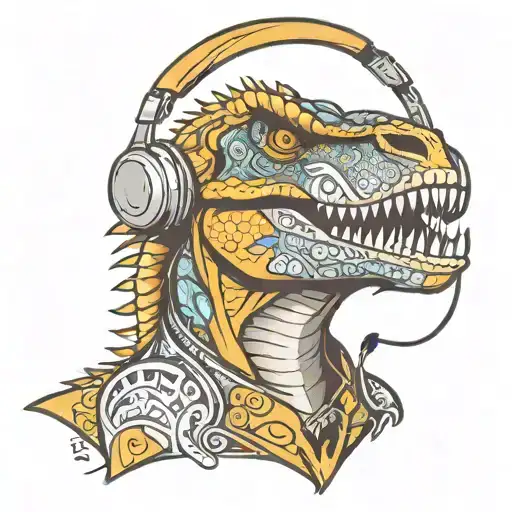 Raptor Dinosaur Head Mouth Open Showing Teeth Wearing Headphones Graffiti Style