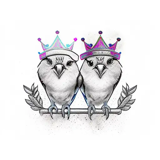 Male And Female Love Birds With Crowns On There Heads