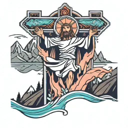Jesus Cross Surrounded By Mountains With Salmon Jumping In A River