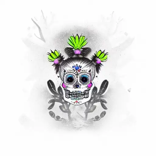 A Stylized Black And Grey Portrait Of A Saguaro Cactus With Dia De Los Muertos Face Paint