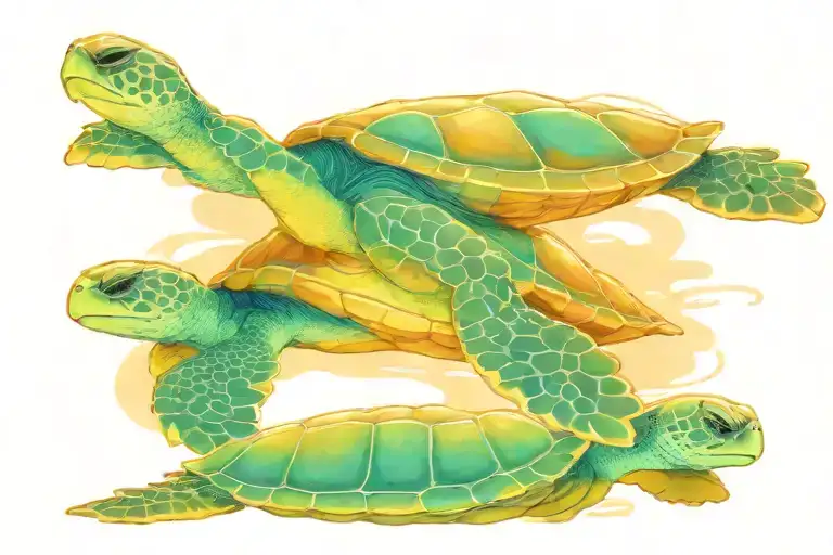 Sea Turtle With 2 Baby Turtles Colored Background