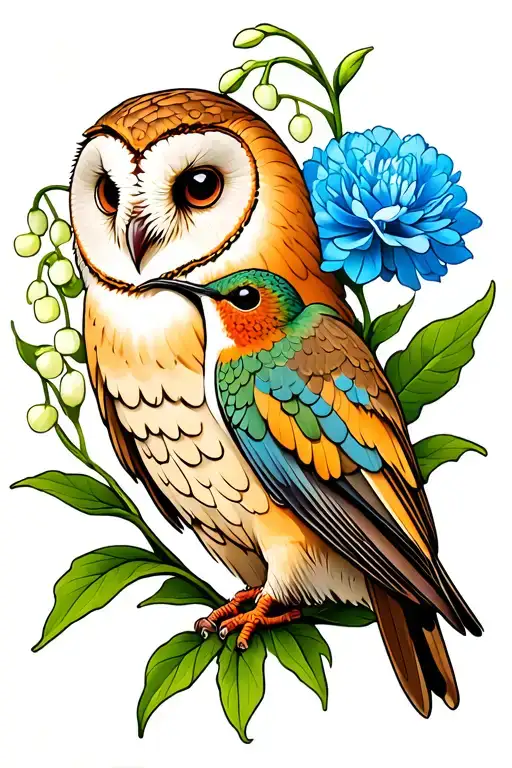 A Barn Owl And A Hummingbird With A Lily Of The Valley And Blue Carnation In The Background