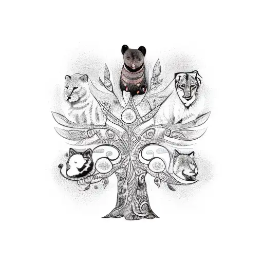 A Traditional Style Tattoo Of A Family Tree With Each Member Represented By A Different Animal