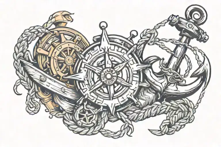 Anchor With Compass Rope And Boat Steaming Wheel