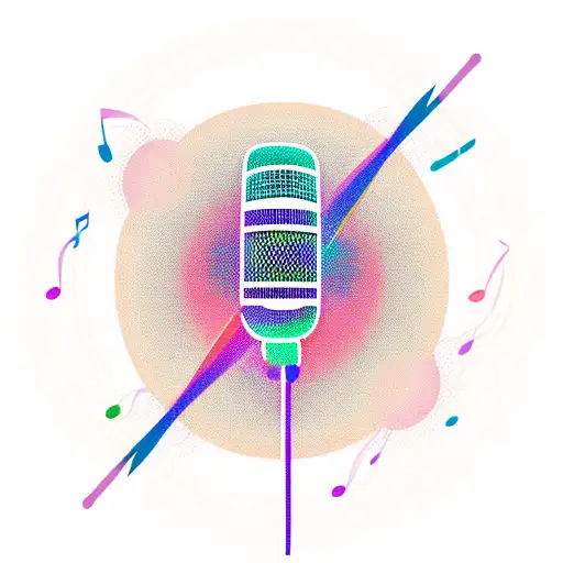 A Vibrant Purple And Teal Microphone Surrounded By Musical Notes And Waves Crashing On A Beach