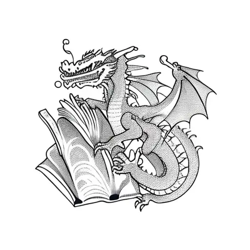 Dragon Climbing Through A Variety Of Flowers And Books