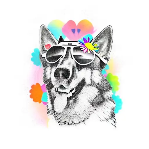 German Shepherd Dog With Flower Shirt And Sunglasses On Sunset Background