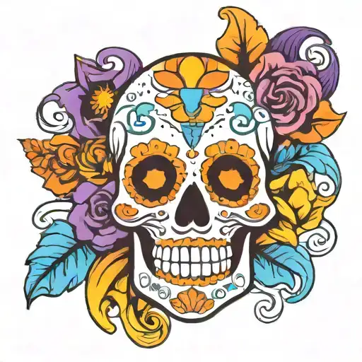 Sugar Skull Of Mexico With Color Skyblue Purple And Orange And Yellow