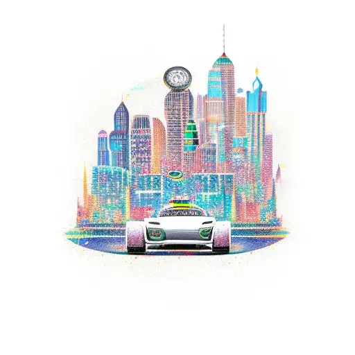 A Car Racing Through A City Skyline Made Of Money