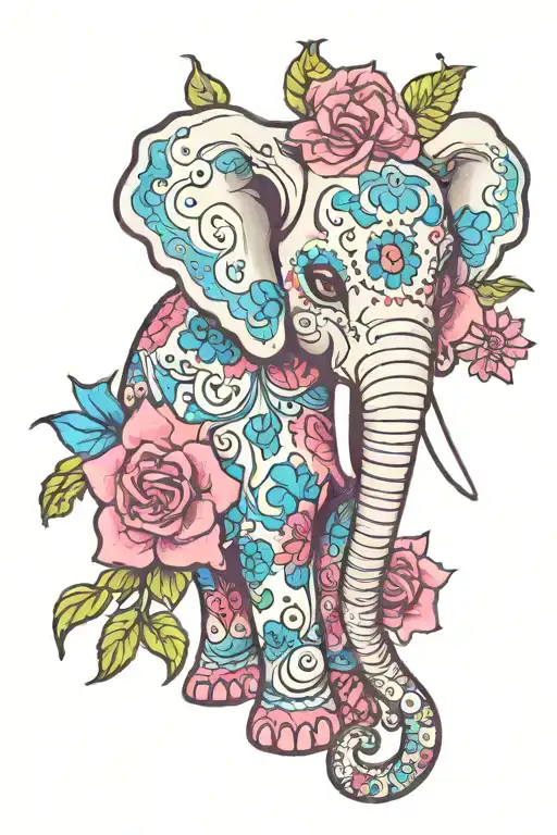 Day Of The Dead Elephant Pink And Blue Flowers