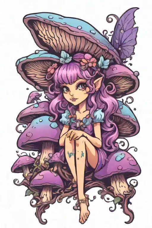 Cute Personified Mushroom Fairy In Purples And Blues