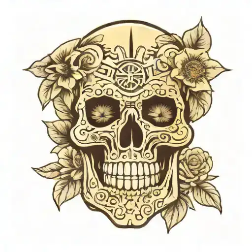 Aztec Skull With February Birth Flowers