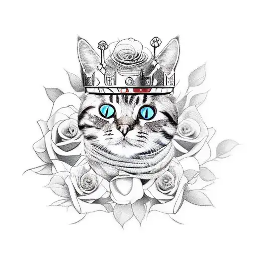 A New-school Tattoo Of A Cat Wearing A Crown Made Of Roses
