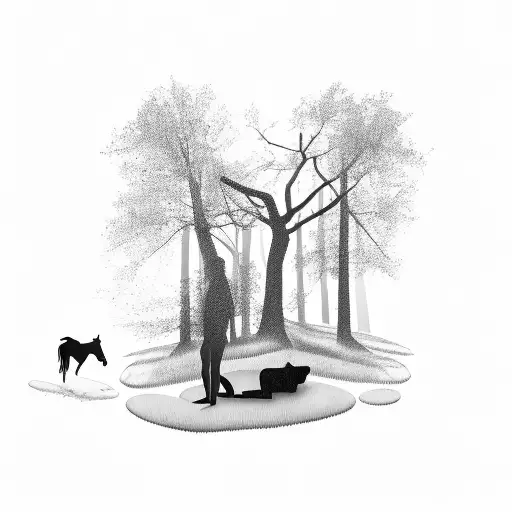 A Silhouette Of A Person Meditating In A Serene Forest With A Horse And Dog By Their Side