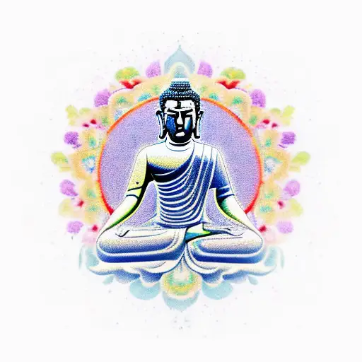 A New-school Tattoo Of A Stoic Buddha Meditating In A Field Of Vibrant Flowers