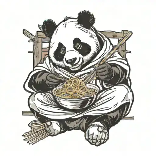 Sitting Panda Eating Noodles Wearing Robe