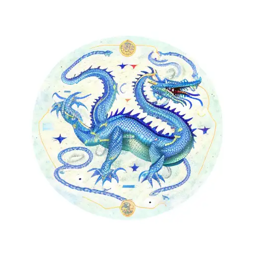 A Dark Blue Serpentine Dragon Wrapped Around A Nautical Star Map Surrounded By A Galactic Starry Sky