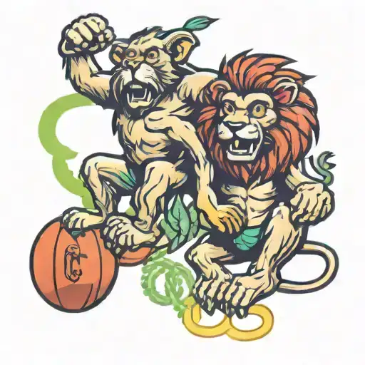 A New-school Design Of A Lion And Monkey Playfully Sparring In A Jungle Gym