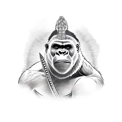 A Blackwork Tattoo Of A Gorilla Holding A Sword And Wearing A Greek Helmet