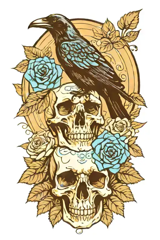 Raven On Skull With Blue Roses