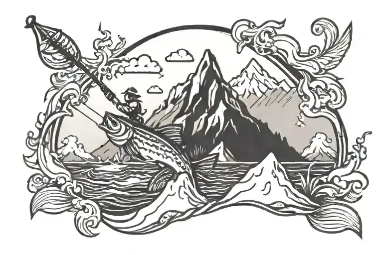 Fishing And Mountains With A Cross