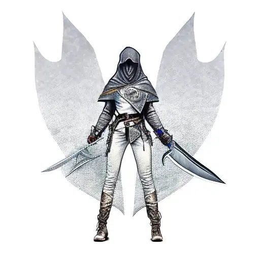 Assassin Woman With Hood On Holds A Dagger Wwith Heart On It