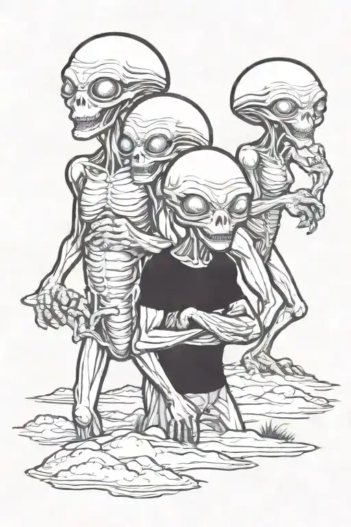 3 Aliens Side By Side On Beach Scene