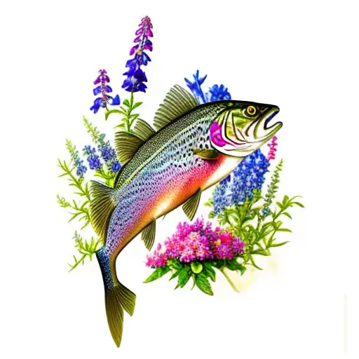 Rainbow Trout With Larkspur Flowers And Wildflowers