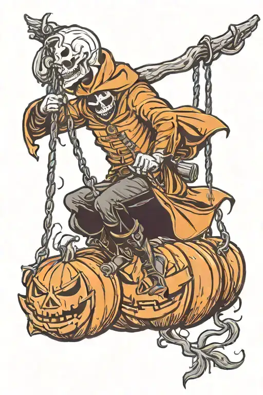Headless Horseman Pushing A Pumpkin Head On A Swing