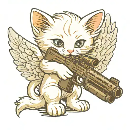 Angelic White Kitten With Wings Holding Gun