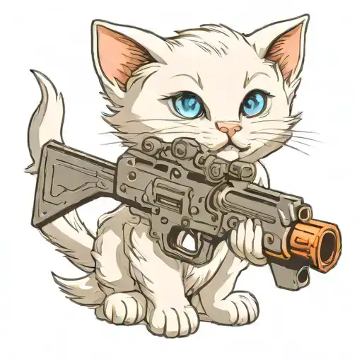 Angelic White Kitten Holding Giant Gun