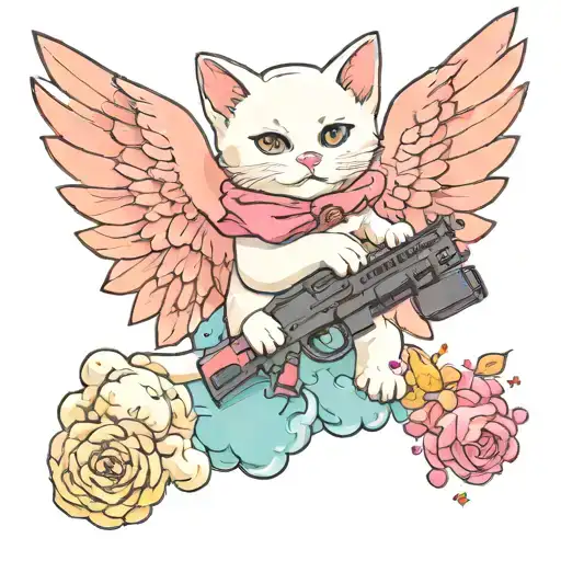 White Kitten With Giant Wings Holding Gun Sitting On Clouds Surrounded By Pink Crystals Floating