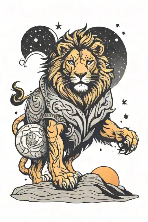 A Black-grey Tattoo Of A Majestic Lion Standing On A Planet With The Universe As A Backdrop