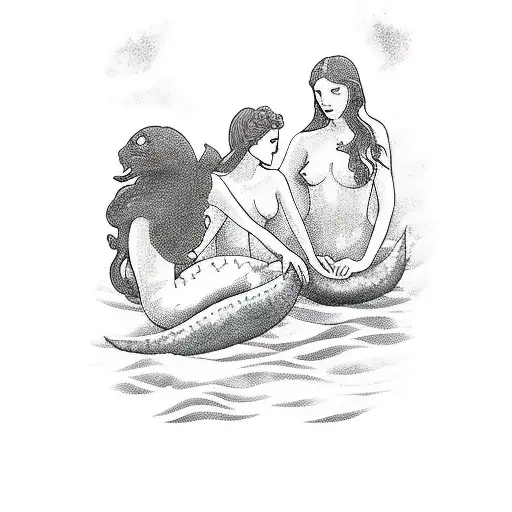 The Lovers Tarot Card With Two Mermaids And Ocean Background