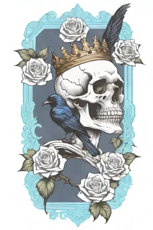 Skull Wearing Crown With Raven On Skull And Blue Roses