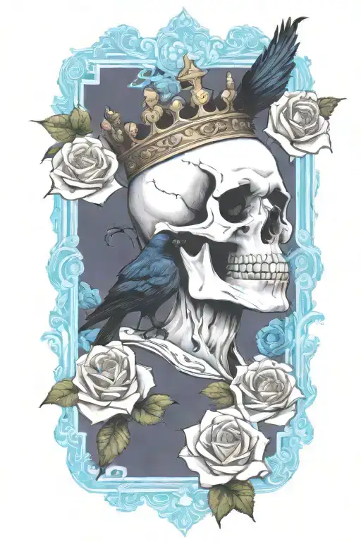 Skull Wearing Crown With Raven On Skull And Blue Roses