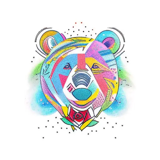 A New-school Tattoo Of A Bear Playing A Guitar With Colorful Roses In The Background