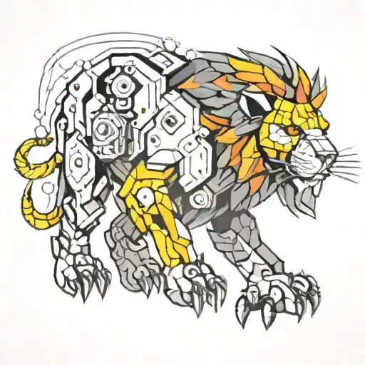 A Futuristic Robotic Lion With A Pixelated Fire