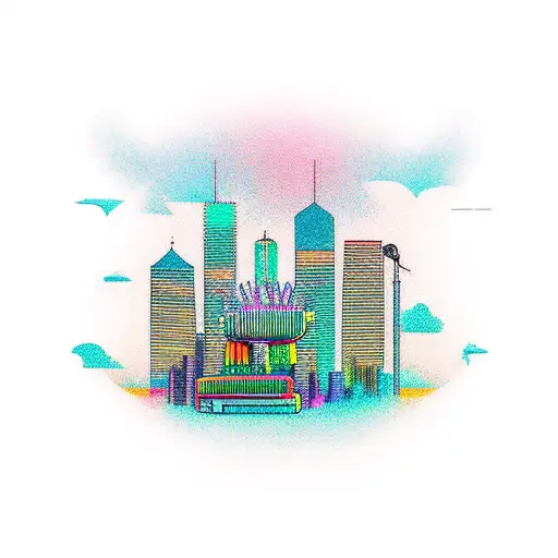 Create A Tattoo Design Featuring A Cyberpunk Cityscape With A Pop Punk Band Performing On A Rooftop