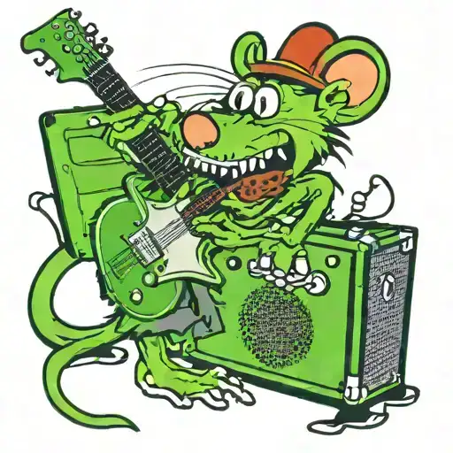 Rat Fink Playing Guitar In Front Of A Green Guitar Amp