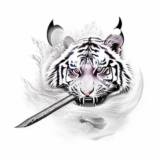 A Fierce Tiger Emerging From Crashing Waves With A Katana In Its Mouth