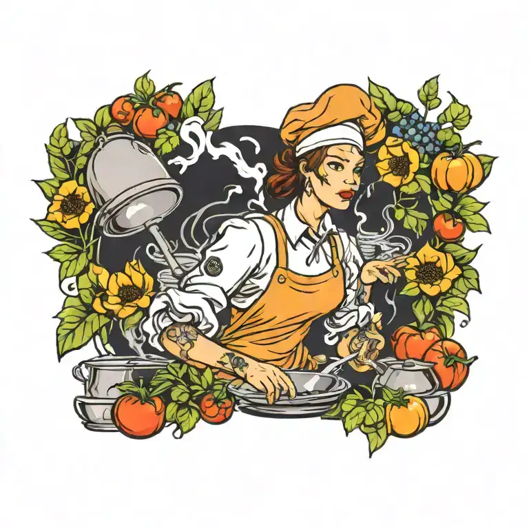 A Portrait Tattoo Of A Female Chef Cooking In A Kitchen Filled With Nature Elements