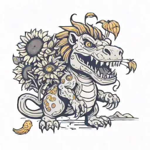 A Lion In A T-rex Outfit Playfully Interacting With Sunflowers In A Cartoon Style