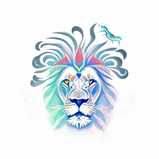 Lion In Background With White Doves Plus A Wave Underneath With A Fish Under The Wave And A Crab