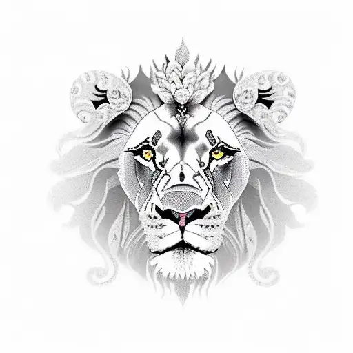 Lion With Docile And Fierce Gesture Decorated With Flowers Symbolizing Yin Yang