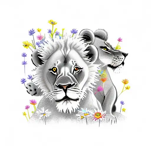 Lion And Cubs Playing In A Field Of Flowers