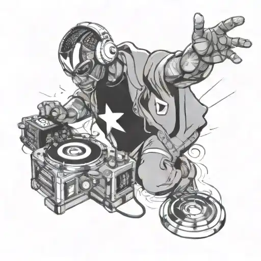 A Black-grey Tattoo Of A Marvel Superhero Djing At A Concert With A Crowd Of Fans In The Background