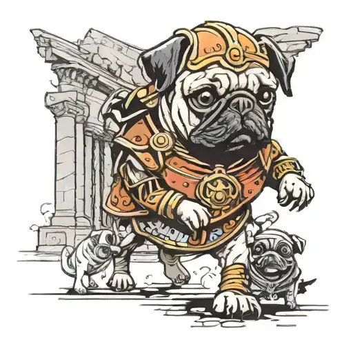A Pug Dressed As A Gladiator Leading A Group Of Children Through Ancient Ruins